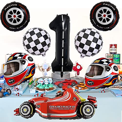 Stcomart 8 Pcs Race Car Party Decorations, Black Number 1 Balloon Checkered Balloons Tire Balloons For Boys 1St Birthday #TOP2