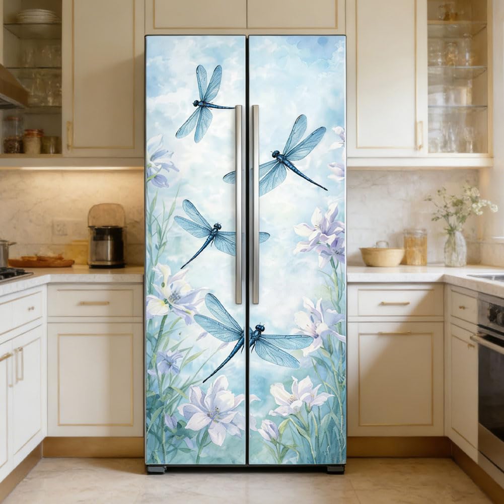 GOMAKERER 2 Pcs Watercolour Dragonfly Removable Refrigerator Wraps, Blue Flower Self-Adhesive Fridge Door Mural Vinyl Freezers Panel Cover Sticker for Kitchen Bar Decor, 41.5x200cm