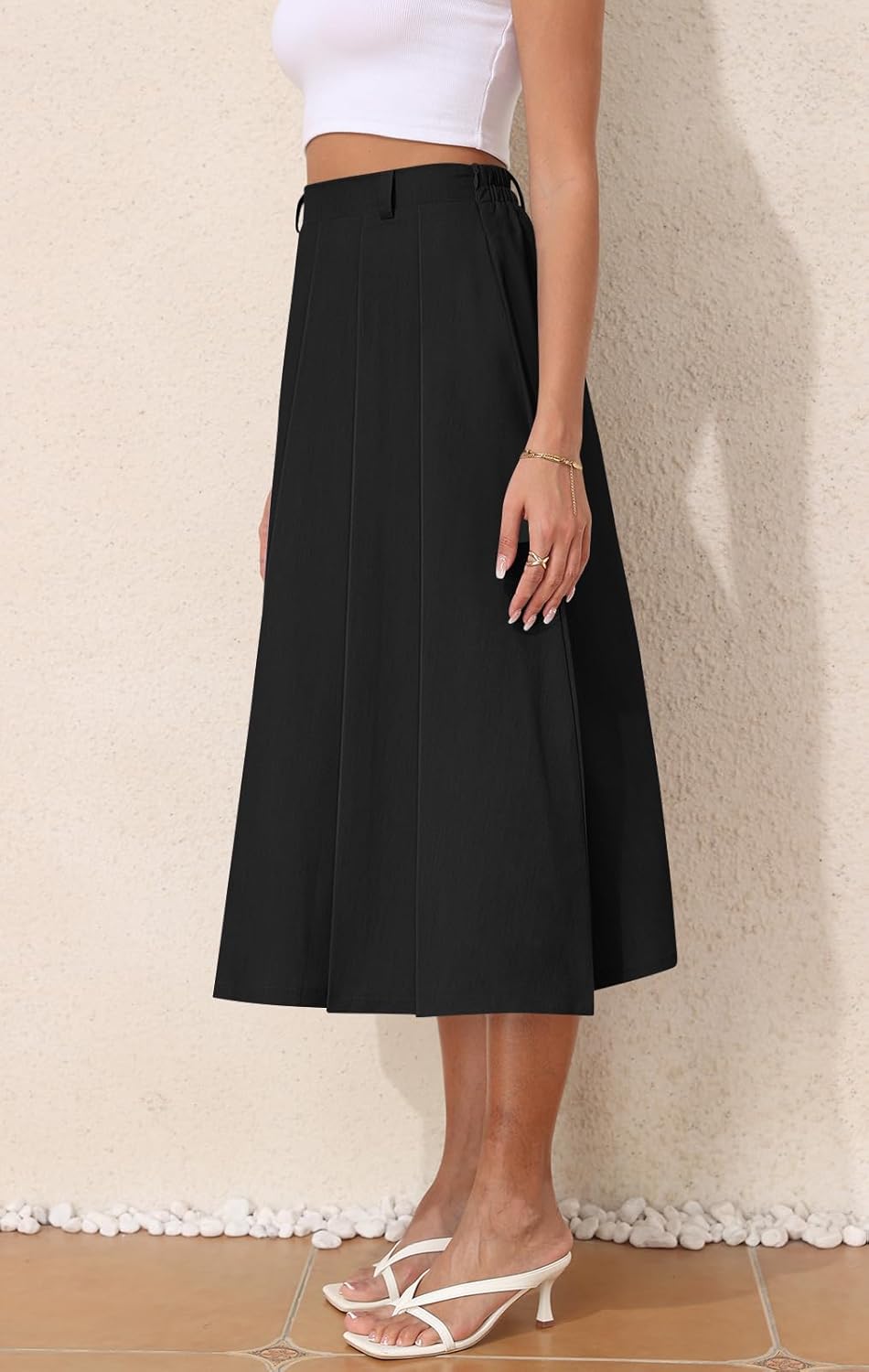 Women's Casual Skirts Summer Pleated A Line High Waist Below Knee Elegant Zipper Skirt - Image 3