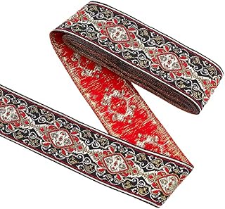 FINGERINSPIRE 7m Red Black Vintage Jacquard Ribbon 48mm Wide Floral Vine Pattern Woven Trim Ethnic Style Embroidery Polyester Ribbons Fabric Trim for Clothing Sewing Craft, Gift Wrapping
