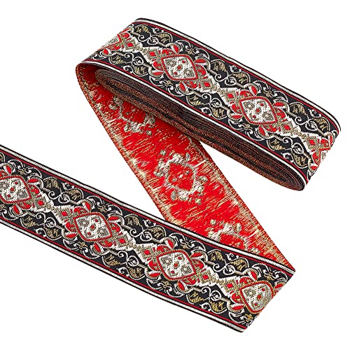 FINGERINSPIRE 7m Red Black Vintage Jacquard Ribbon 48mm Wide Floral Vine Pattern Woven Trim Ethnic Style Embroidery Polyester Ribbons Fabric Trim for Clothing Sewing Craft Gift Wrapping
