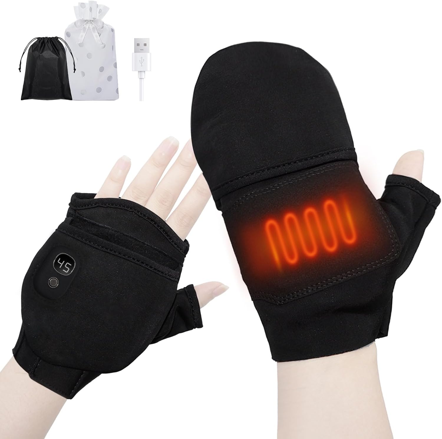 ZenCT 電熱手袋 電熱グローブ USB接続で加熱 あったか手袋 カバー付き 2000mAh USB充電 3段温度調整 温度表示 指なし 暖房手袋 ヒーターグローブ パソコン作業 男女兼用 ハンドウォーマー CT207