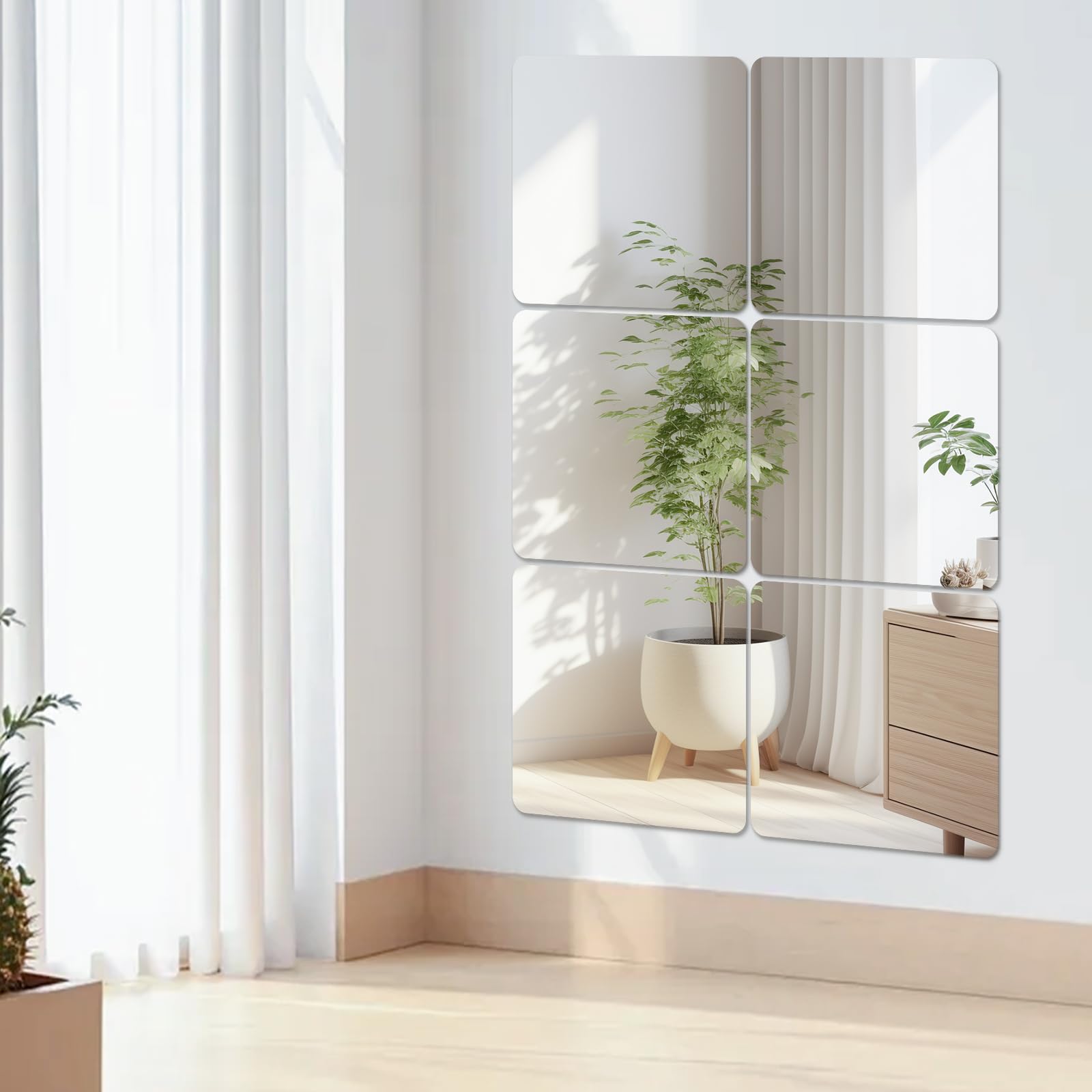 Yuyueda 6 Pcs Self Adhesive Mirror Tiles, 20 X 20 cm Acrylic Mirror Wall Stickers, Shatterproof Wall-Mounted Plastic Mirrors, Lightweight Stick On Mirrors for Walls,Bathroom,Bedroom,Gym,Hallway