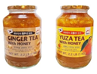 شاي HAIO بالزنجبيل مع العسل وشاي HAIO Yuza Citron مع عبوة كومبو عسل، 2.2 رطل لكل جرة - 2 جرة