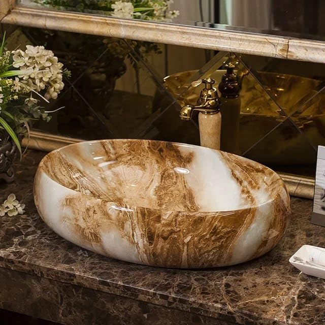 Image of Designer Counter Top Wash Basin | Tabletop Ceramic Bathroom Sink | Wash Basin Over Counter | Wash Basin For Bathroom, Living Room (24 x 15 x 6 Inch) (Glossy Brown N White)