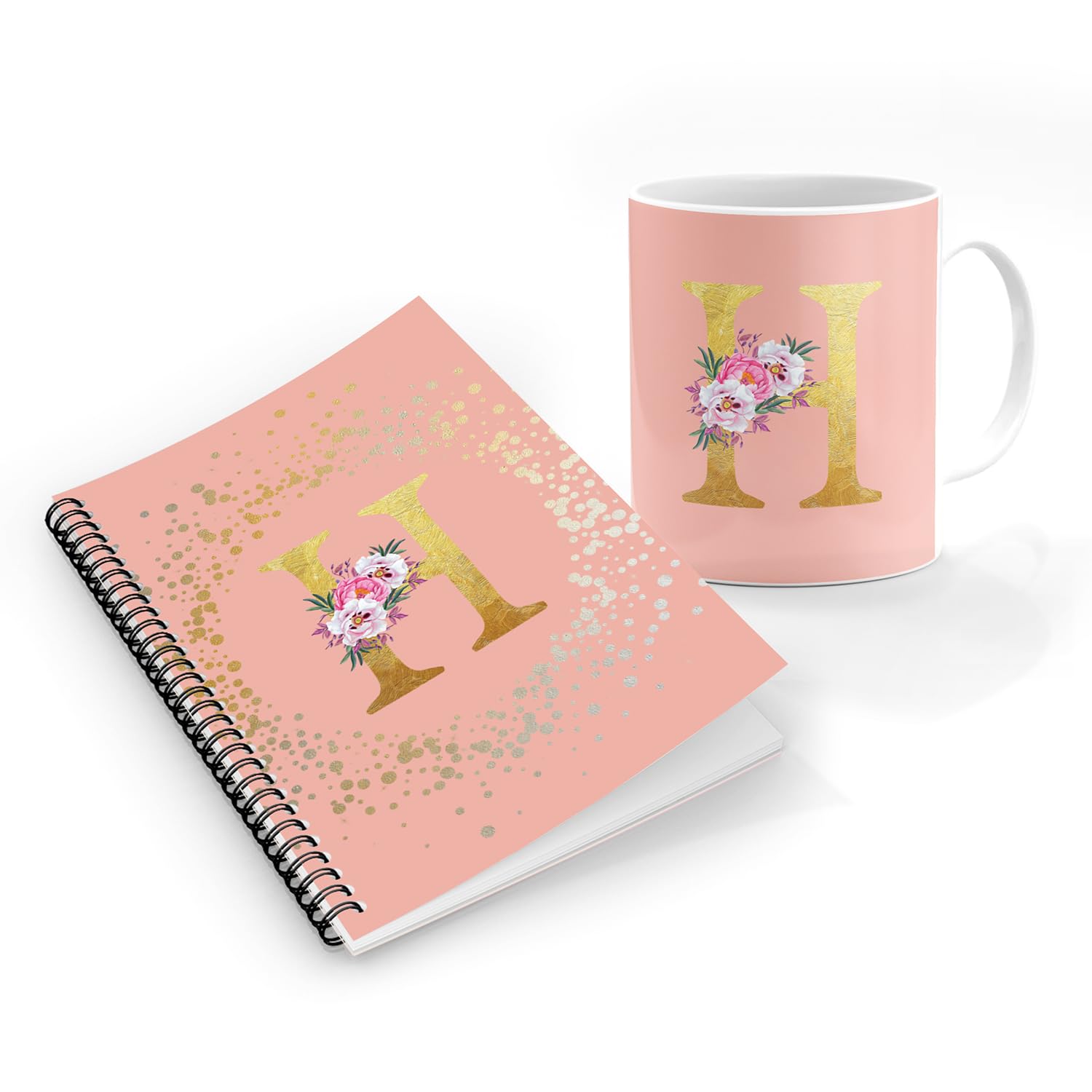 StylizeddDesigner Printed Coffee Mug + A5 Spiral Notebook Memo Notepad Journal Personalised Combo Gift Set - Custom Monogram Initial Letter Floral Pattern Alphabet - H (Rose Pink)