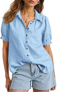 Cicy Bell Womens Puff Short Sleeve Button Down Shirts Summer Casual Collared V Neck Blouse Linen Loose Fit Work Tops Price In India