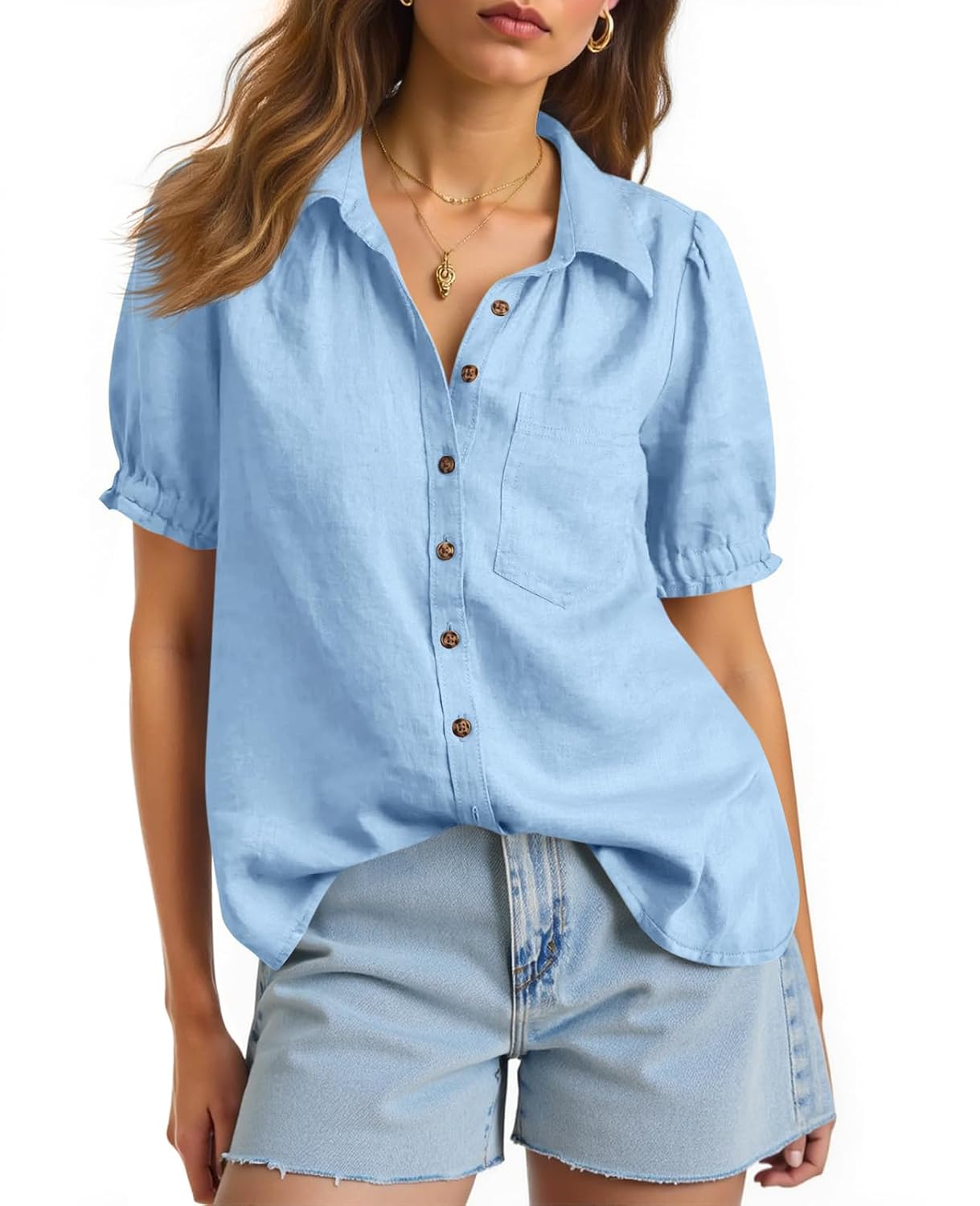 Cicy Bell Womens Puff Short Sleeve Button Down Shirts Summer Casual Collared V Neck Blouse Linen Loose Fit Work Tops - Review, Price and Buying Guide
