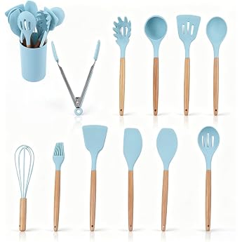 12 Piece Cooking Utensils Set, Silicone Cooking Utensils Set, Light Blue, Non-Stick Kitchen Utensils with Wooden Handle, Sili