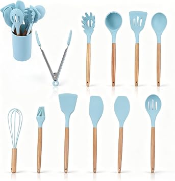 12Pcs Kitchen Utensil Set Silicone Cooking Utensils,Cooking Spatula Turner Heat Resistant Nonstick Cookware with Wooden Handle,Silicone Cooking Utensils Kitchen Utensils Kitchen Tool Gadgets