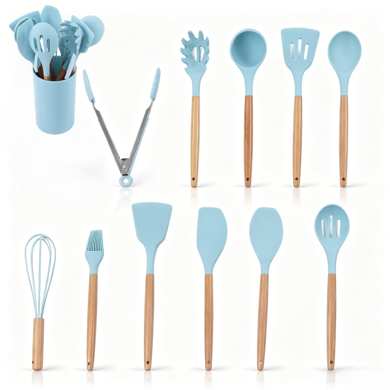 Ensemble d'ustensiles de cuisine 12pcs, ensemble d'ustensiles de cuisine en silicone bleu clair ustensile de cuisine antiadhésif avec manche en bois ustensiles de cuisine en silicone