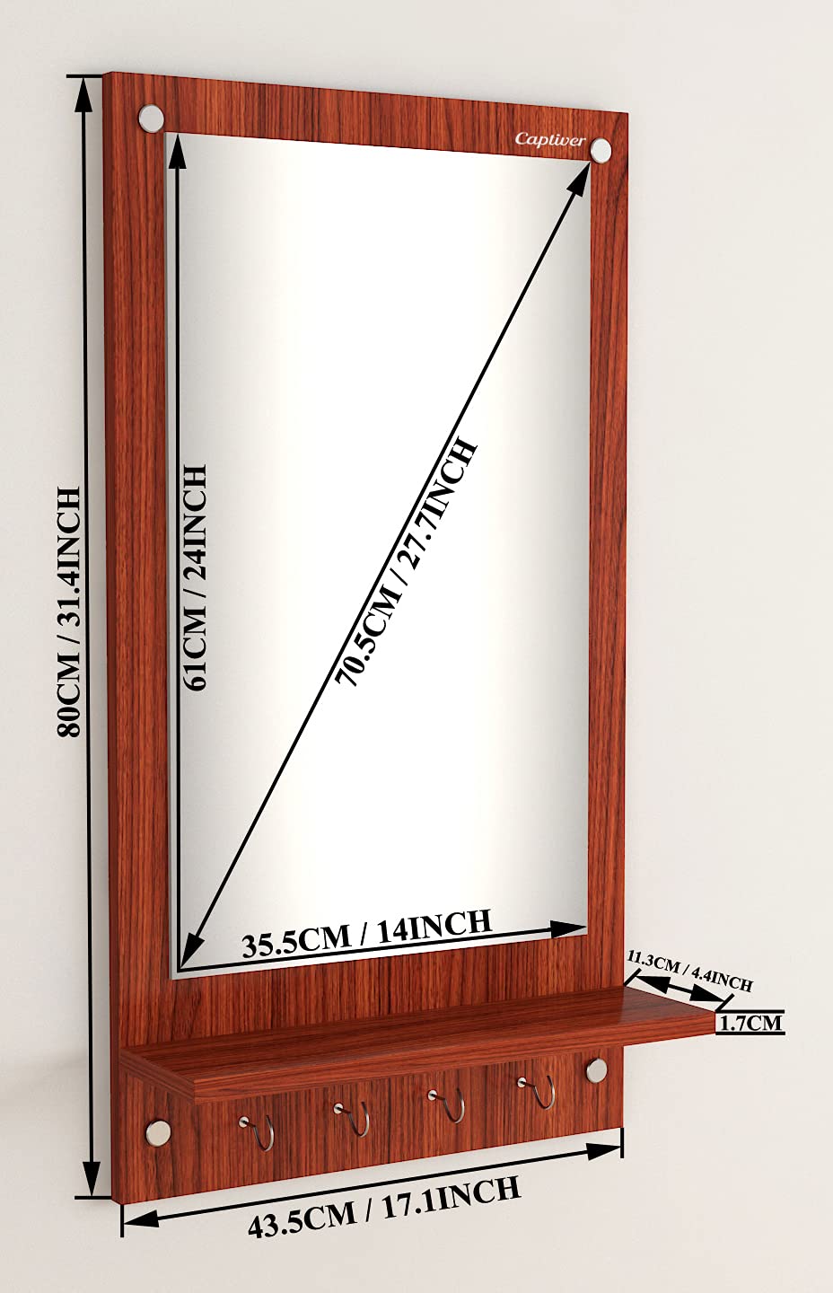 Captiver 4 Hook Engineered Wood Wall Hanging Mirrors with Storage Shelf Bedroom Living Room washbasin Toilet Furniture Antique Rectangle Home Fancy Items (Classic Walnut) 1