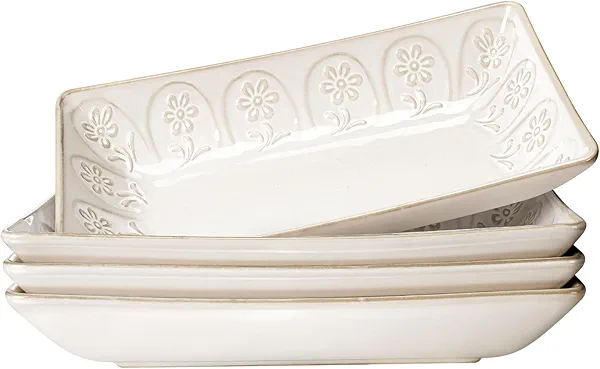 Artena Ceramic Pasta Bowls Set of 4-9.85 Inch Large Salad Bowls, 25 oz Serving Bowls for Soup, Dinner & Party - Embossed Microwave Safe Kitchen Dishes, Rectangle Plates (Pinwheel Flower)