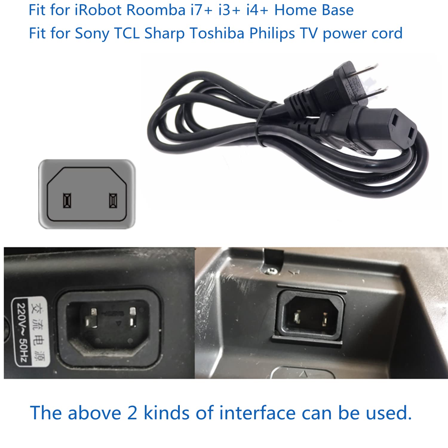 6FT 2 Prong AC Power Cord Cable Replacement for iRobot Roomba i7+ i3+ i4+ Clean Base Automatic Integrated Dock Charger Home Base,Double Hole