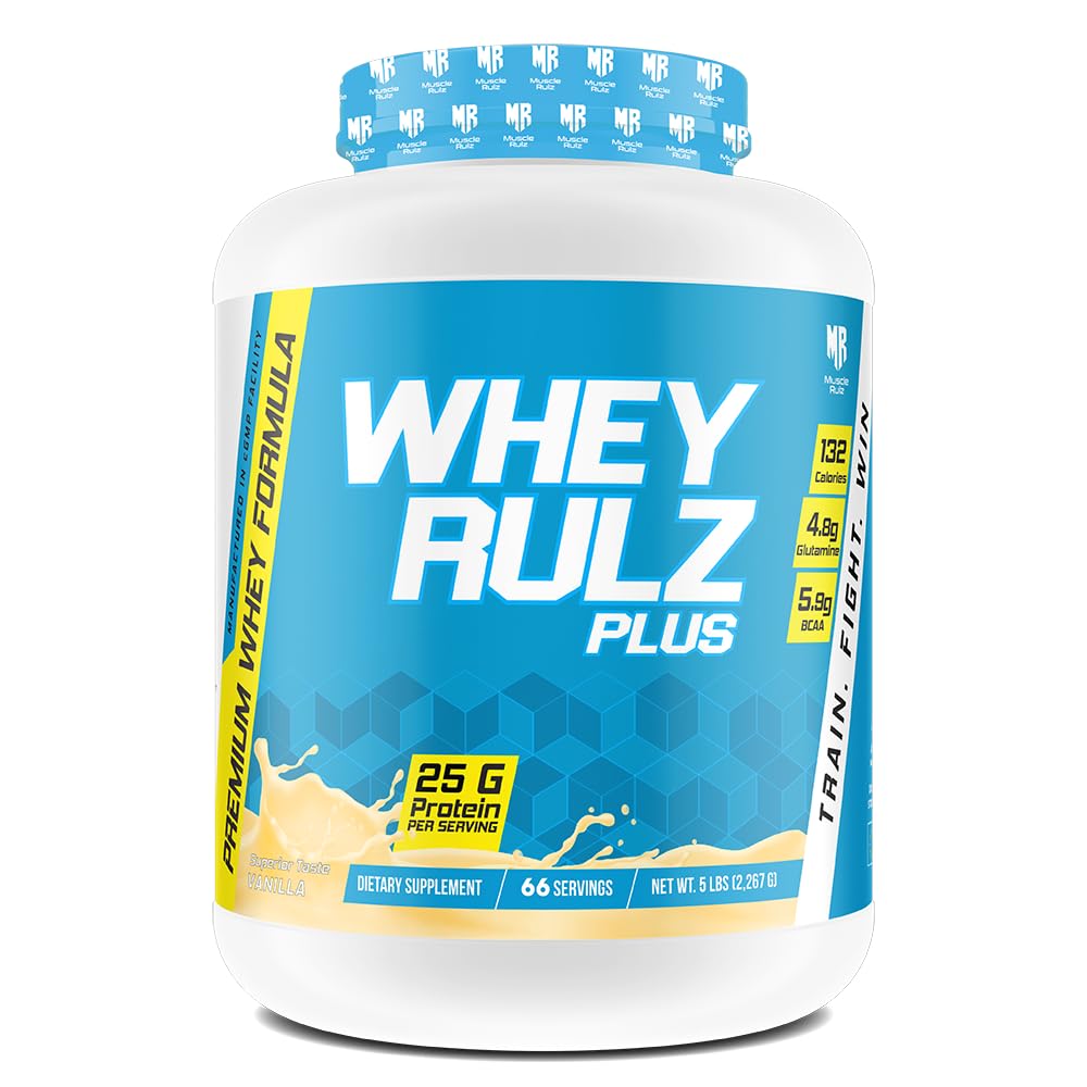 MuscleRulz Whey Rulz Plus, 25g Protein, 4.8g Glutamine, 5.9g BCAA, 132 Calories - 66 Servings (Vanilla, 5lb)