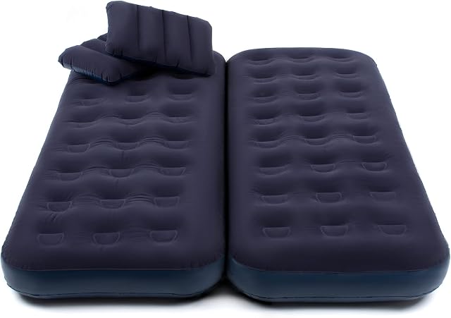 Hillington 3-in-1 Flocked Air Bed Mattress with Pillows - Ideal for Camping or Guest Waterproof Flocked Topping and Large Valve Inflation and Deflation Folds for Storage