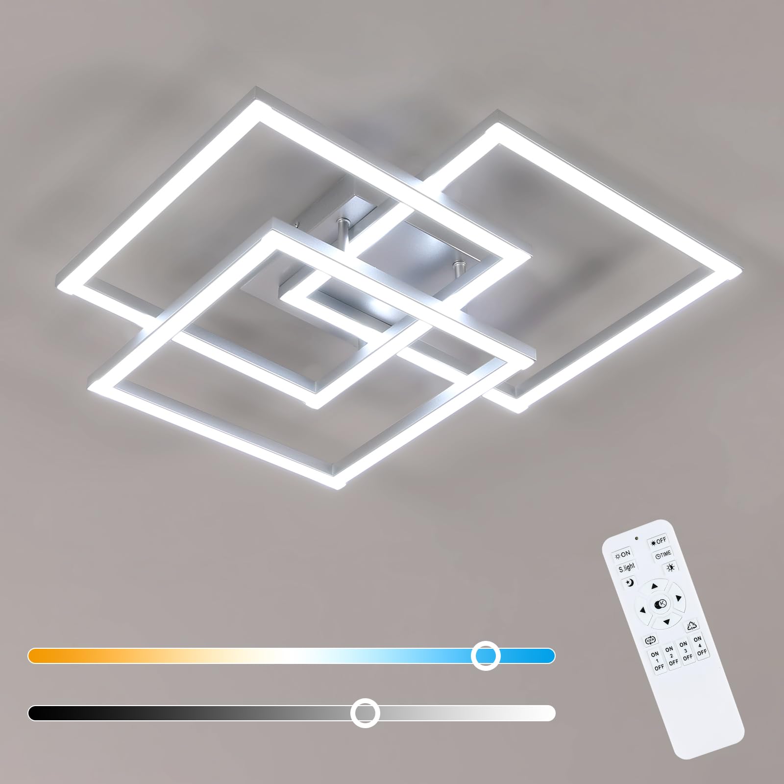 Lampadario LED Soffitto Dimmerabile, Plafoniera LED Soffitto con Telecomando 40W 5400LM, Moderno Lampada da ED Argenteo Quadrata 3000K-6500K per Soggiorno Camera da Letto Cucina, 62CM