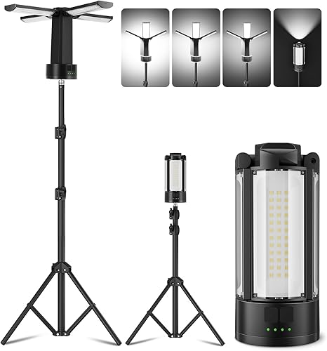 CORESLUX Luces de campamento recargables de 10400 mAh con soporte, luz de trabajo portátil de 6000 K con 4 cabezales de lámpara LED, luz de trabajo
