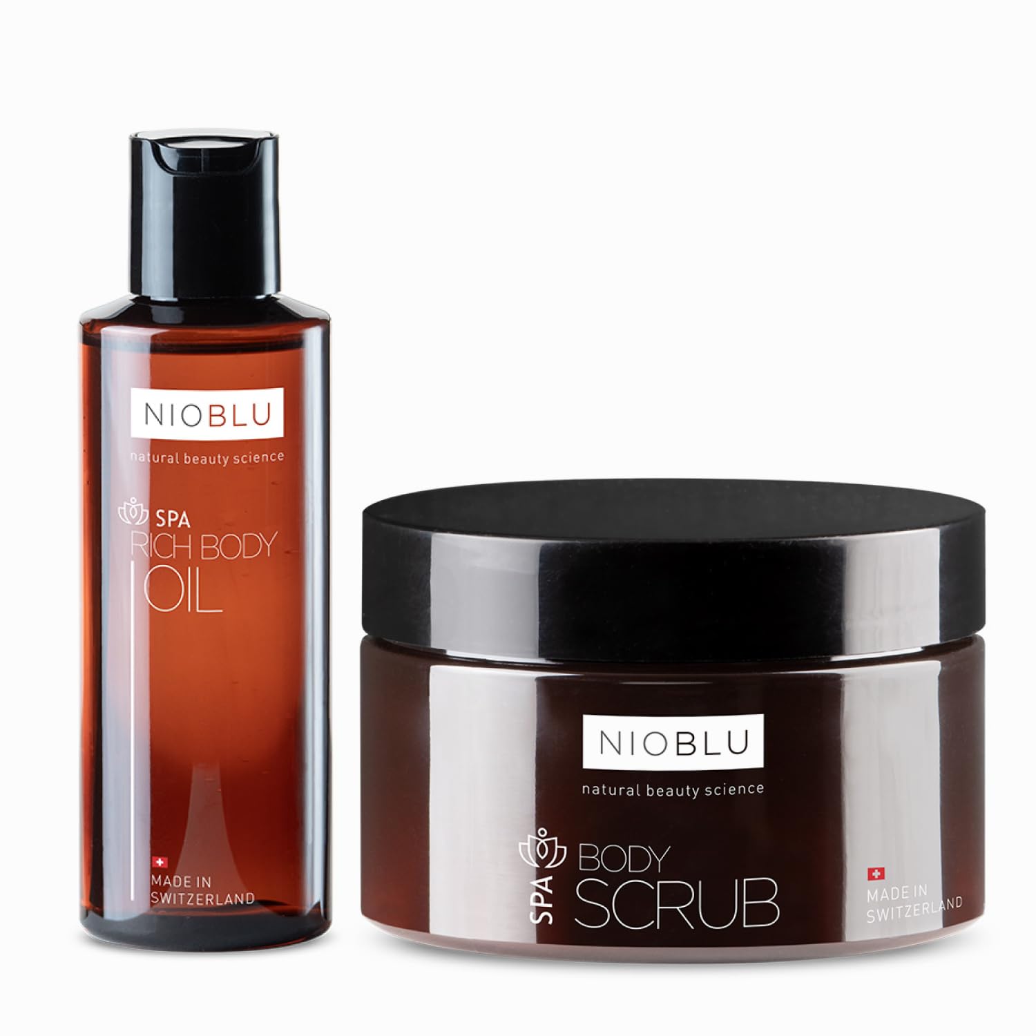 Set SPA Body Scrub 200 ml + Body Oil 200 ml – Peeling mit Schweizer Alpensalz und Süßmandelöl – Pflegendes Öl mit Süßmandelöl, Macadamiaöl, Jojobaöl und Avocadoöl