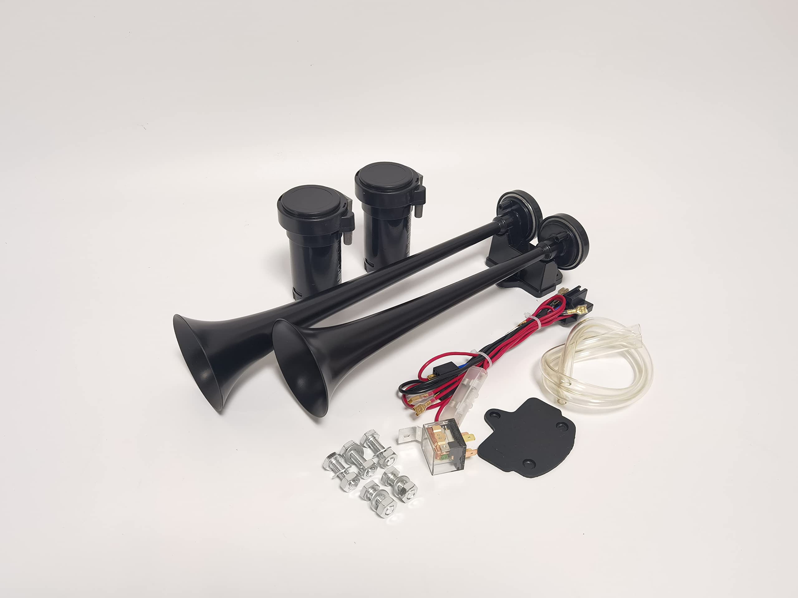 Klaxon de voiture Klaxon à air noir 12V Car Horn Klaxon de camion 165db double tonalité haute et basse Chrome Zinc Trompette à double tube avec deux pompes à air pour 12V voiture bateau etc