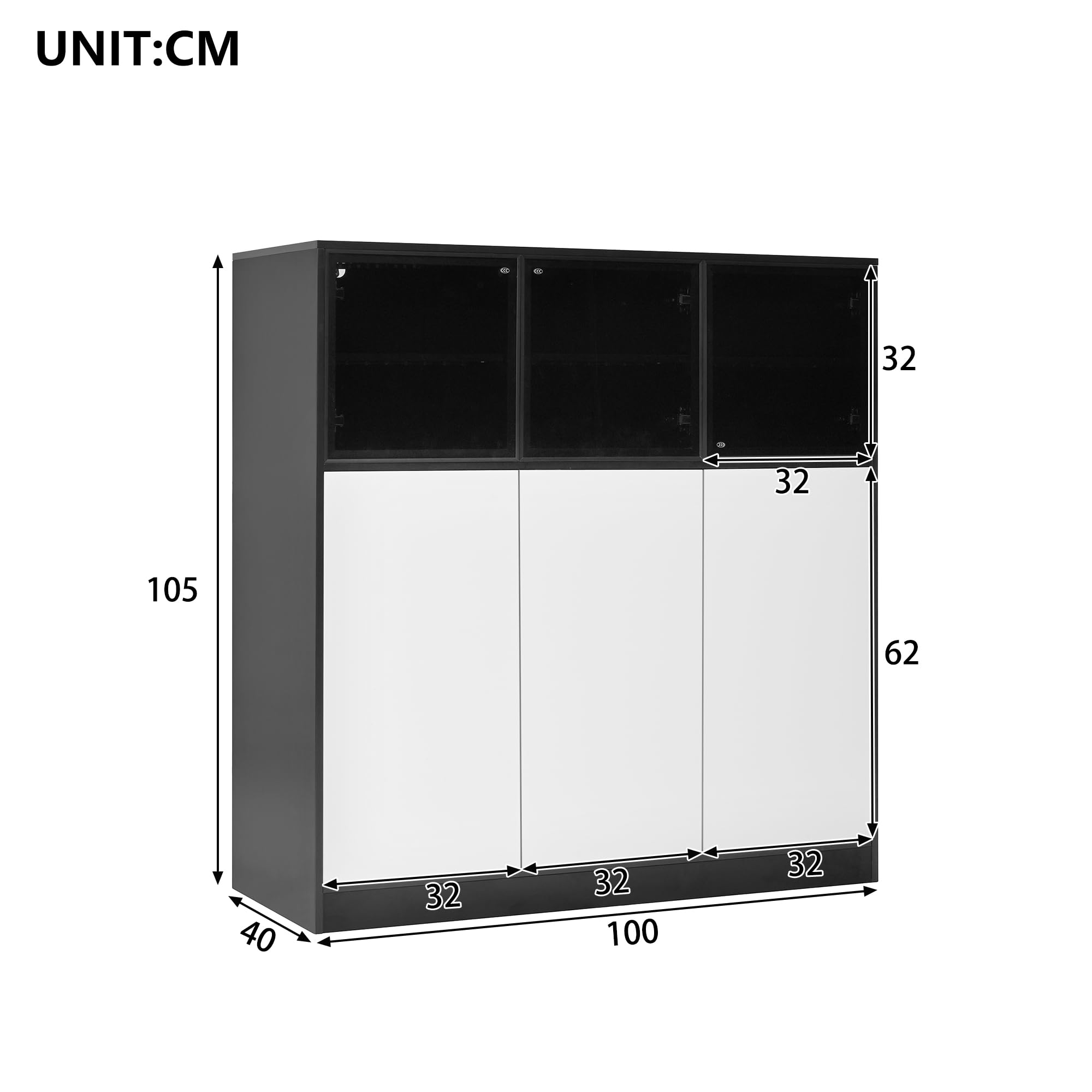 Buffet, Meuble de Cuisine, Meuble de Rangement. Convient au séjour, à la Cuisine et à la Salle à Manger, équipé d'un éclairage, de 3 Portes vitrées et de 3 Portes Blanches, 100 x 40 x 105 cm