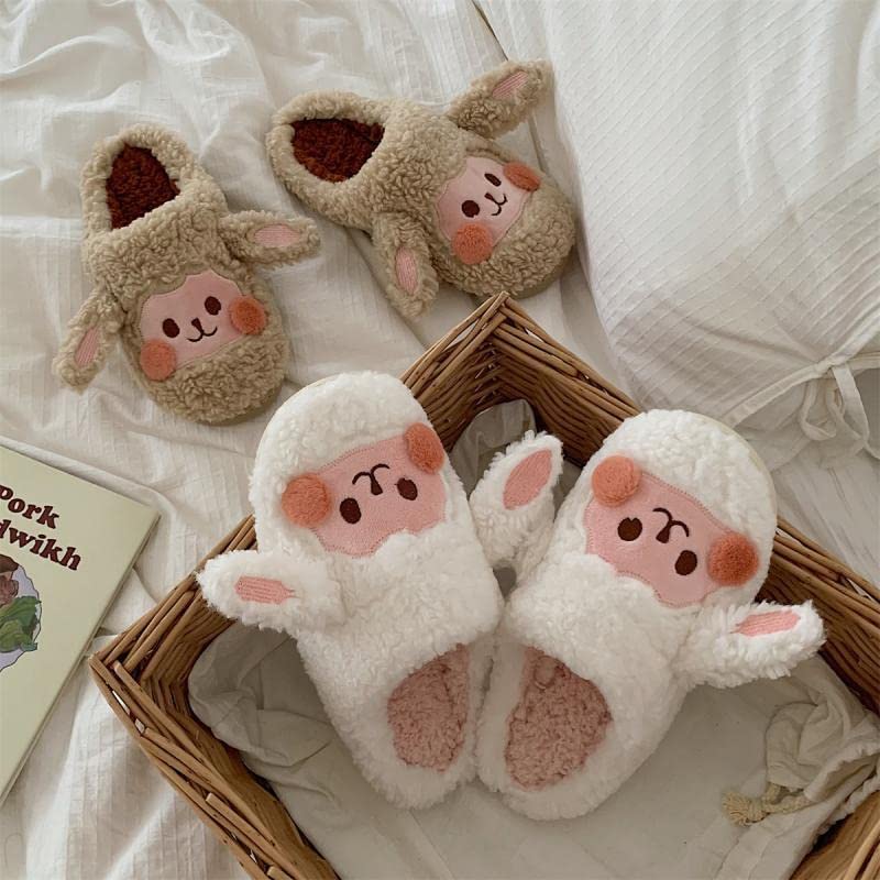 Kawaii Fuzzy Sheep Slippers Cute Soft Warm Cozy House Slippers Winter Fluffy Funny Animal Shoes3
