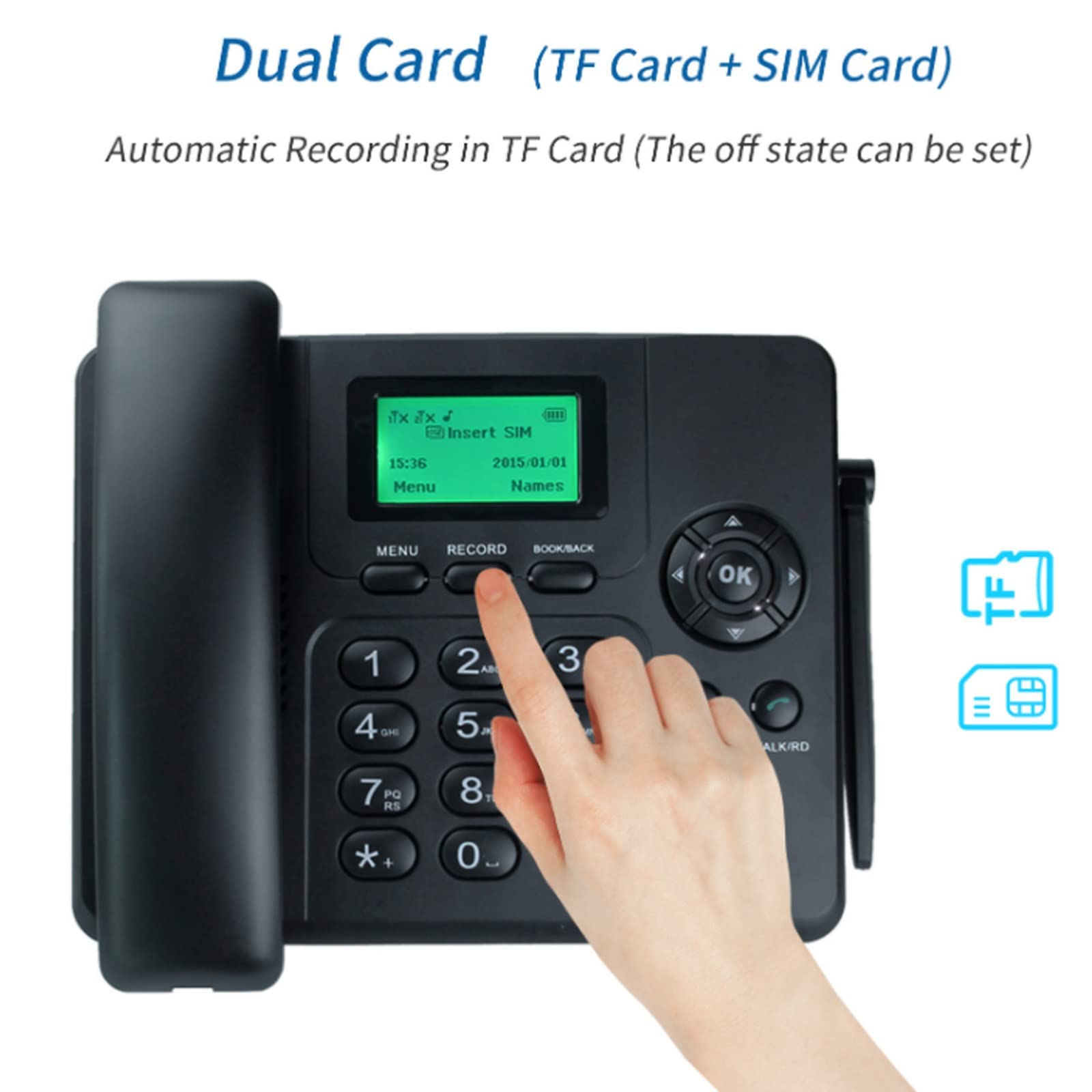Telefono da scrivania wireless Quad Band GSM con slot per scheda SIM, più lingue, ricomposizione, vivavoce, SMS, funzioni radio, telefono da tavolo nero