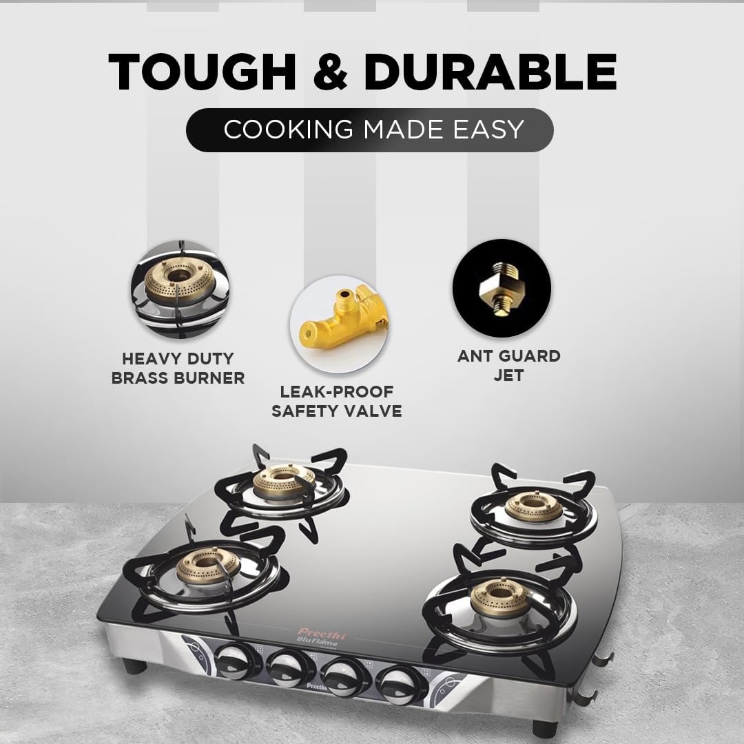 Diagram showing heavy duty brass burner, leak-proof safety valve, and ant guard jet components of the Preethi gas stove.