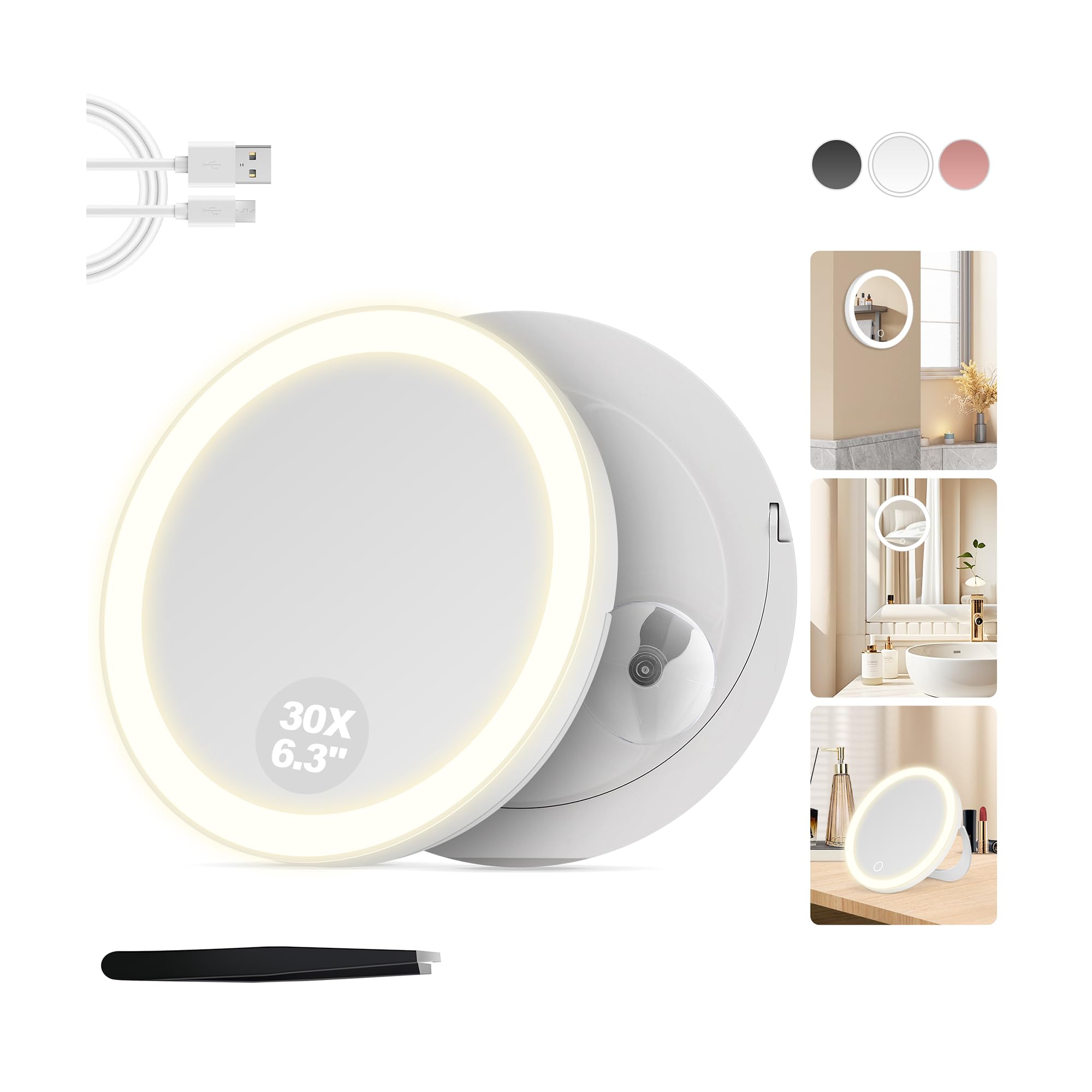 MOMOKUBA Miroir grossissant avec éclairage, Miroir 30x avec Ventouse, Couleurs Lumineuses et à intensité Variable, pour Maquillage de précision, Miroir Mural ou de Table pour Salle de, Blanc