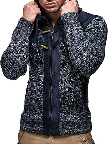 Leif Nelson LN20525 Men's Knit Zip-up Jacket With Geometric Patterns and Leather Accents2