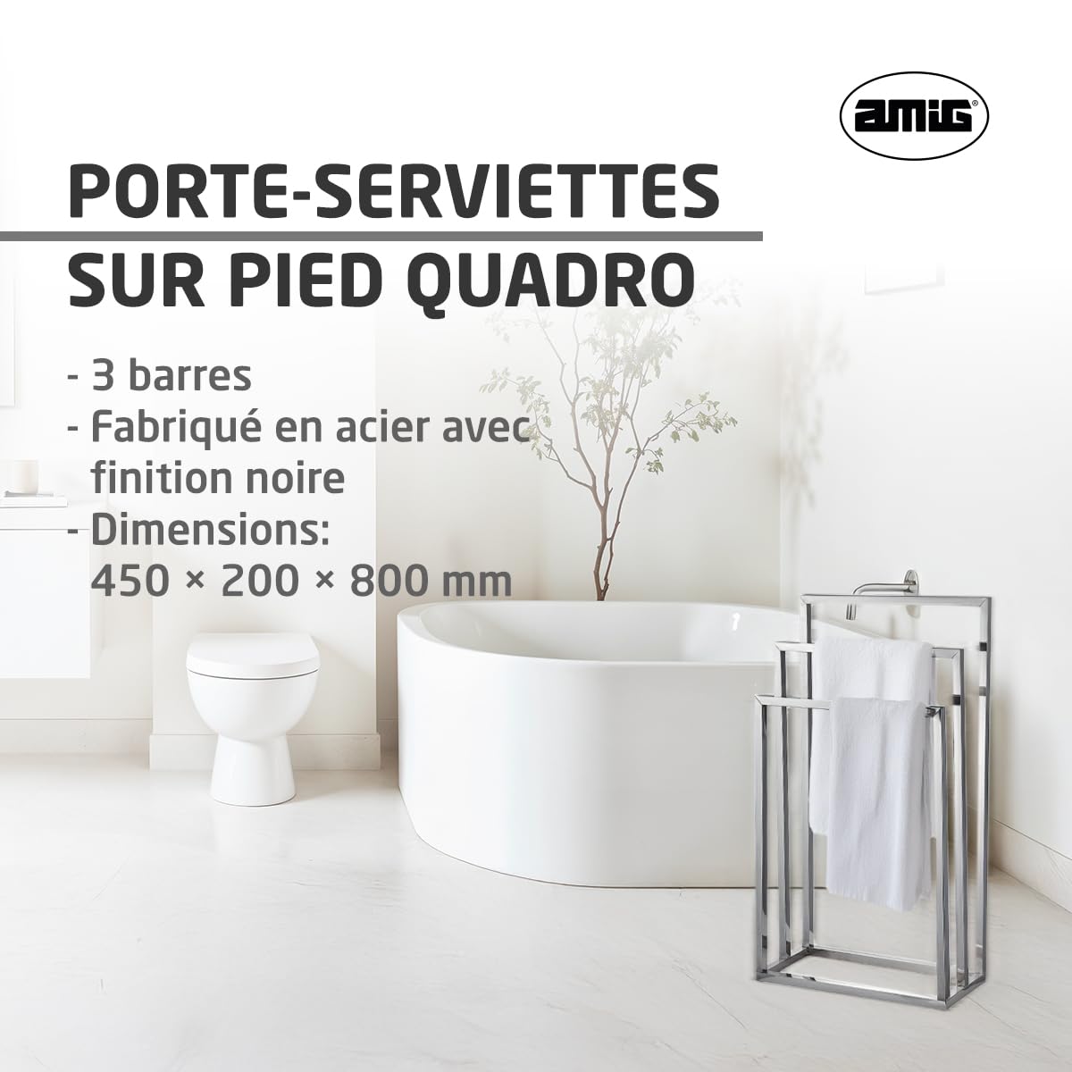 Amig – Porte-Serviettes sur Pied chromé avec 3 Barres métalliques – Support au Sol pour Serviettes de Bain – Style Moderne avec Finition Brillante et Base Stable – sans perçage