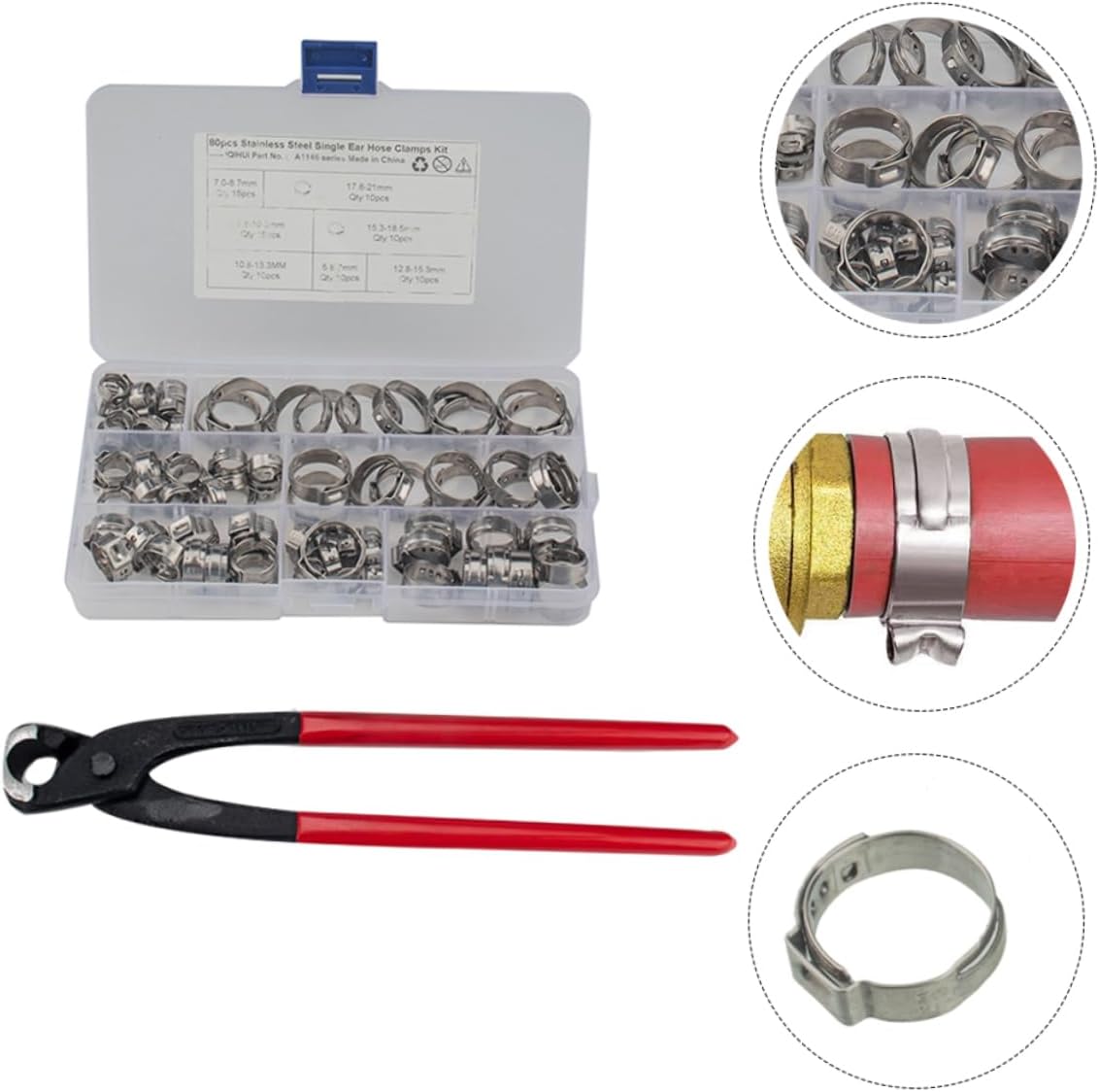 Luxshiny Clamp Combination Kit Stainless Steel Single Ear Hose Clamps Crimping Style for Fuel Water Hoses