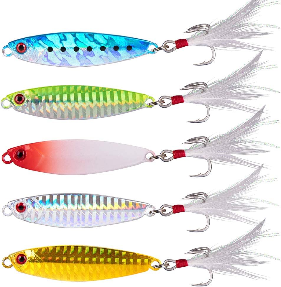 5 Pack Metal Jigging Spoon Saltwater Fishing Jigs Spoons Lures Casting Vertical Diamond Jig Lures Freshwater Bass Striper Mackerel Halibut