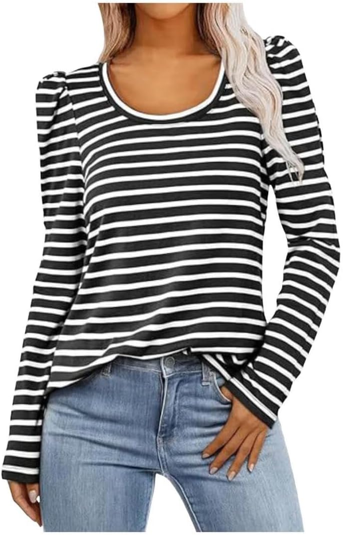 FMCHICO Women's Puff Long Sleeve Striped Tops Crew Neck 2024 Fall Casual Basic Tee Shirts