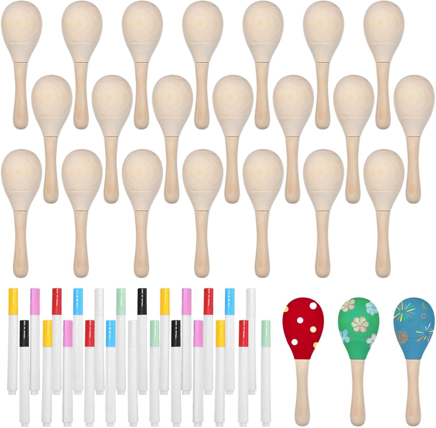 24-Pack Wooden Maracas with Colored Markers, 4.6 Inches, Musical Party Noisemakers, Perfect for Birthdays, Mexican Celebrations, and Family Gatherings