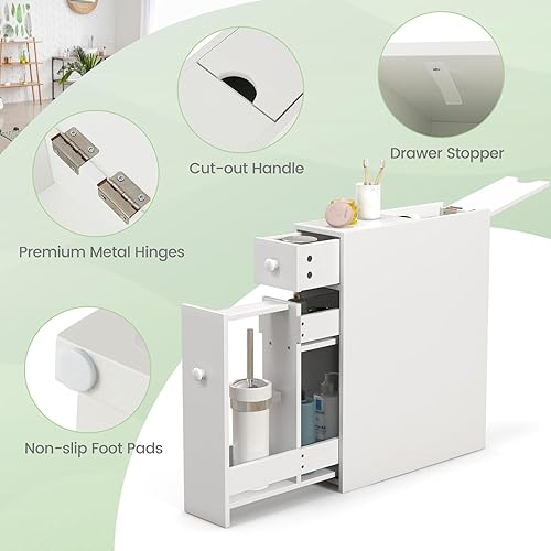 Miniatura 7 de LOKO Armario de suelo de baño, organizador de almacenamiento estrecho con tapa abatible, cajón extraíble y estantes, soporte de papel higiénico