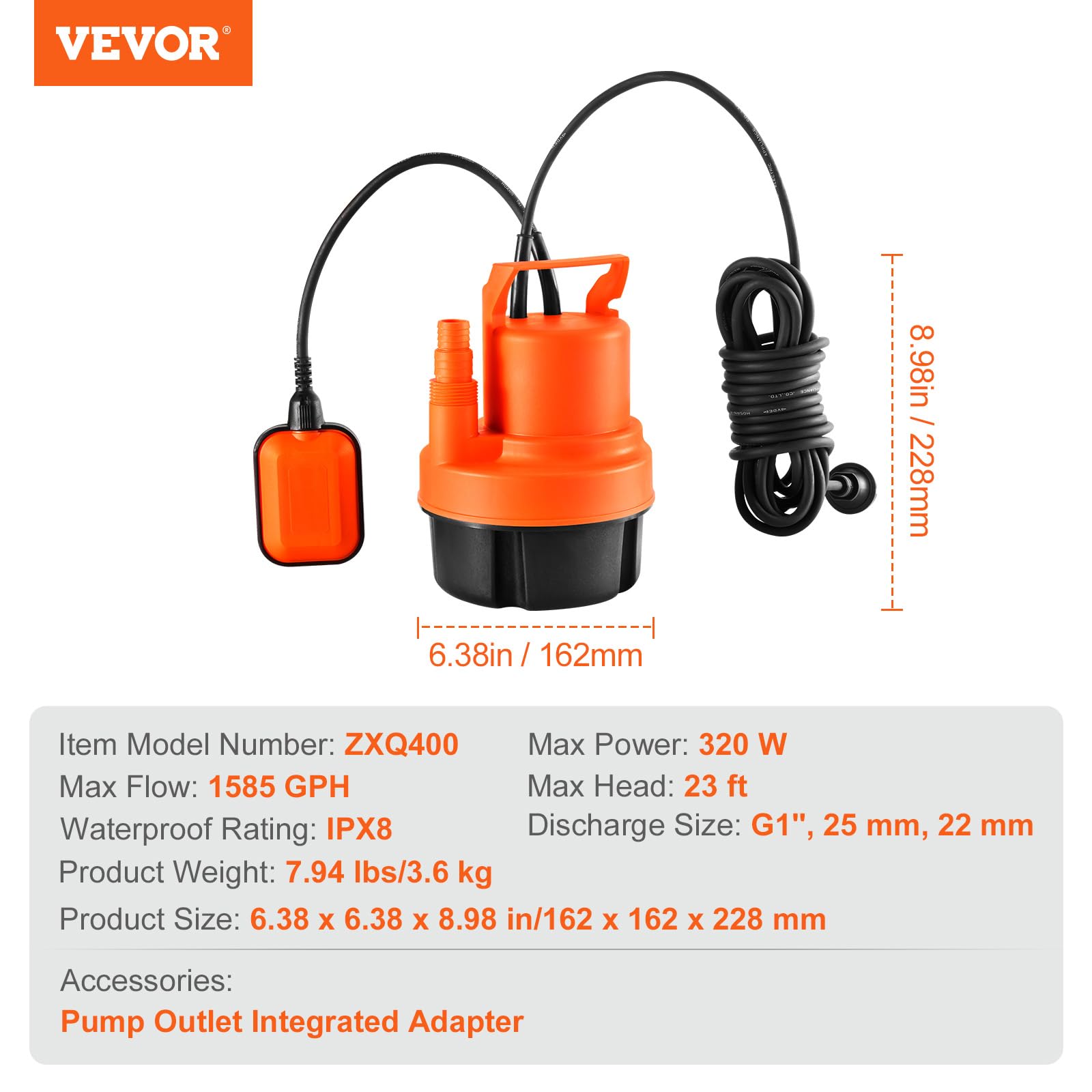 VEVOR Pompe utilitaire, 320 W, pompe à eau submersible portable, 6000 L/H de haut débit, hauteur de levage 7 m, avec cordon d'alimentation 3 m pour drainer l'eau de la piscine, du jardin, du sous-sol