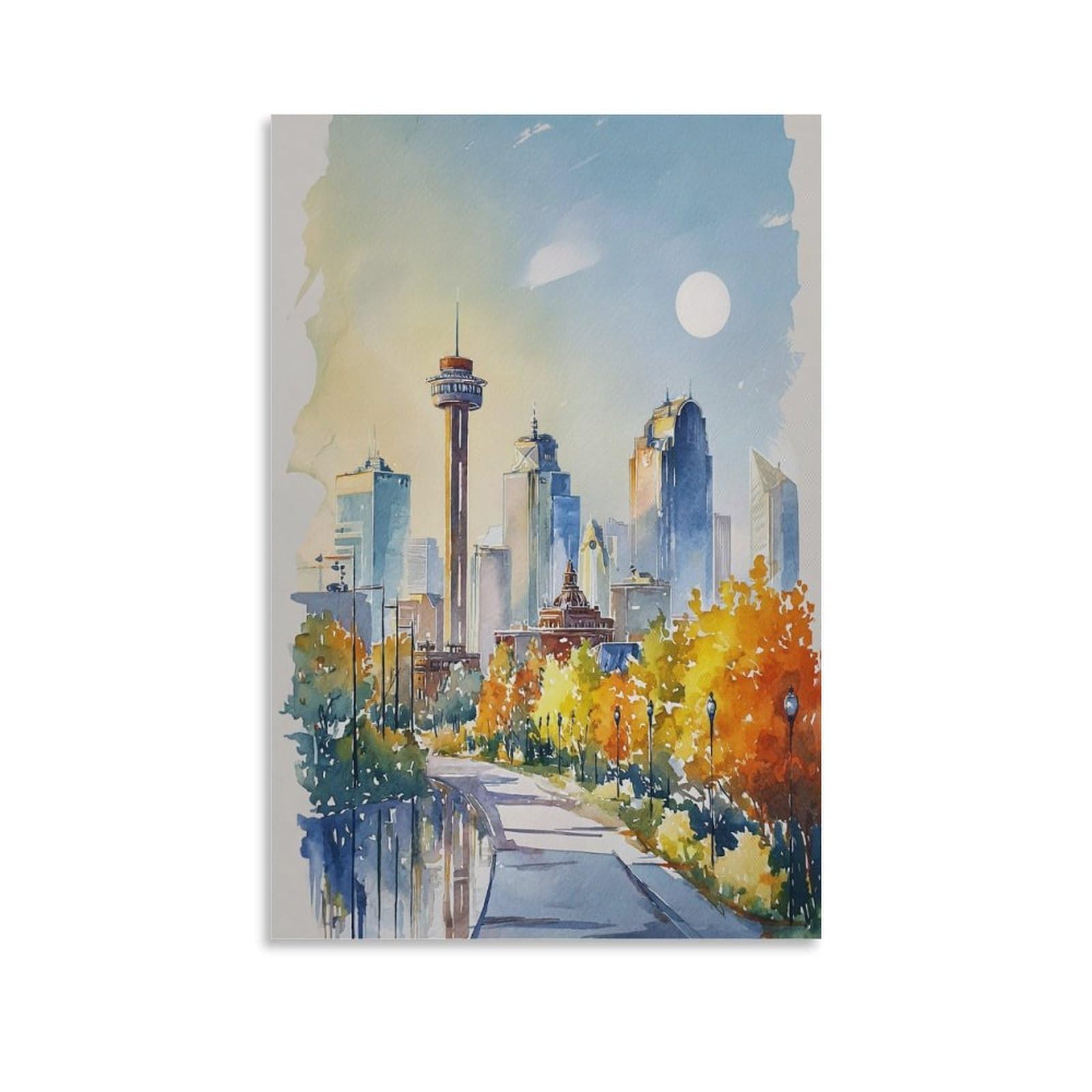 XWYMXZ Dallas Watercolor Painting Texas Cityscape Poster Tree 24x36inch(60x90cm) Vintage Watercolor Canvas Art