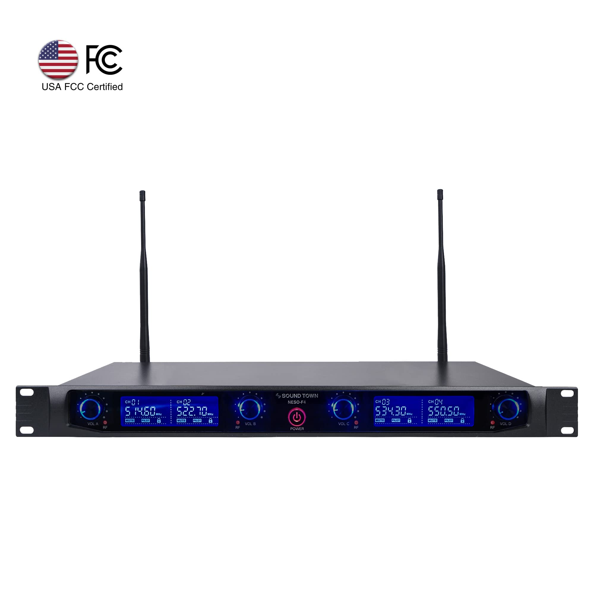 Sound Town 4 Channels Professional UHF Wireless Microphone System with Rack Mountable Metal Receiver and 4 Handheld Mics, for Church, School, Outdoor Wedding, Meeting, Party and Karaoke