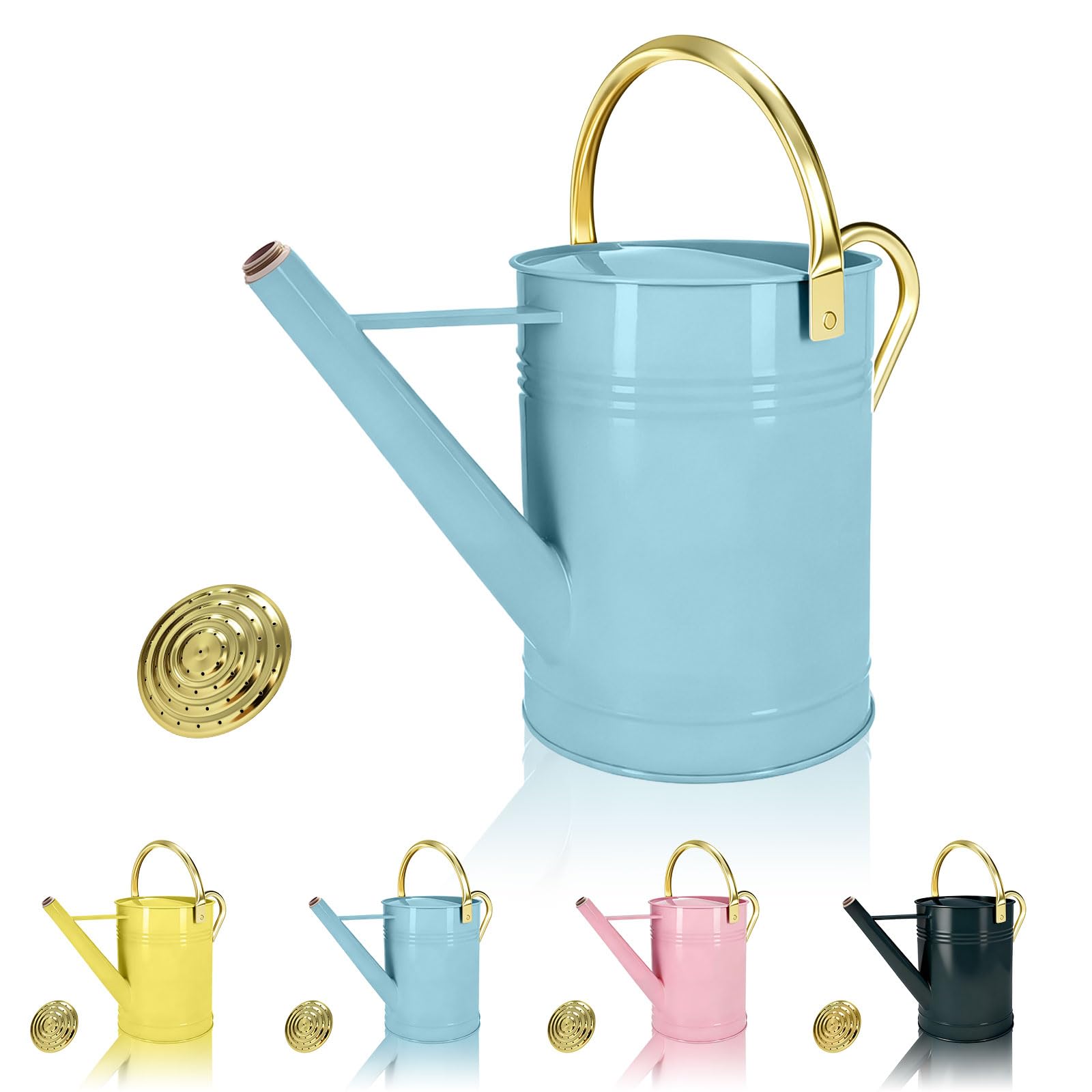 LONGRUN 6.5L Galvanised Watering Can with Rose Head, Light Blue