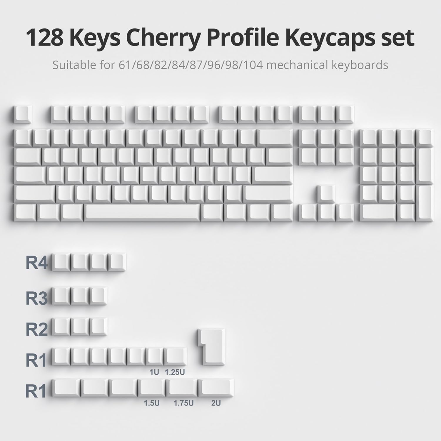 Guffercty kred Blank Keycaps Thick PBT Cherry Profile, 129 Keys Minimalist White Keycap Set with 7U Spacebar for Mechanical Keyboard(Blank White)