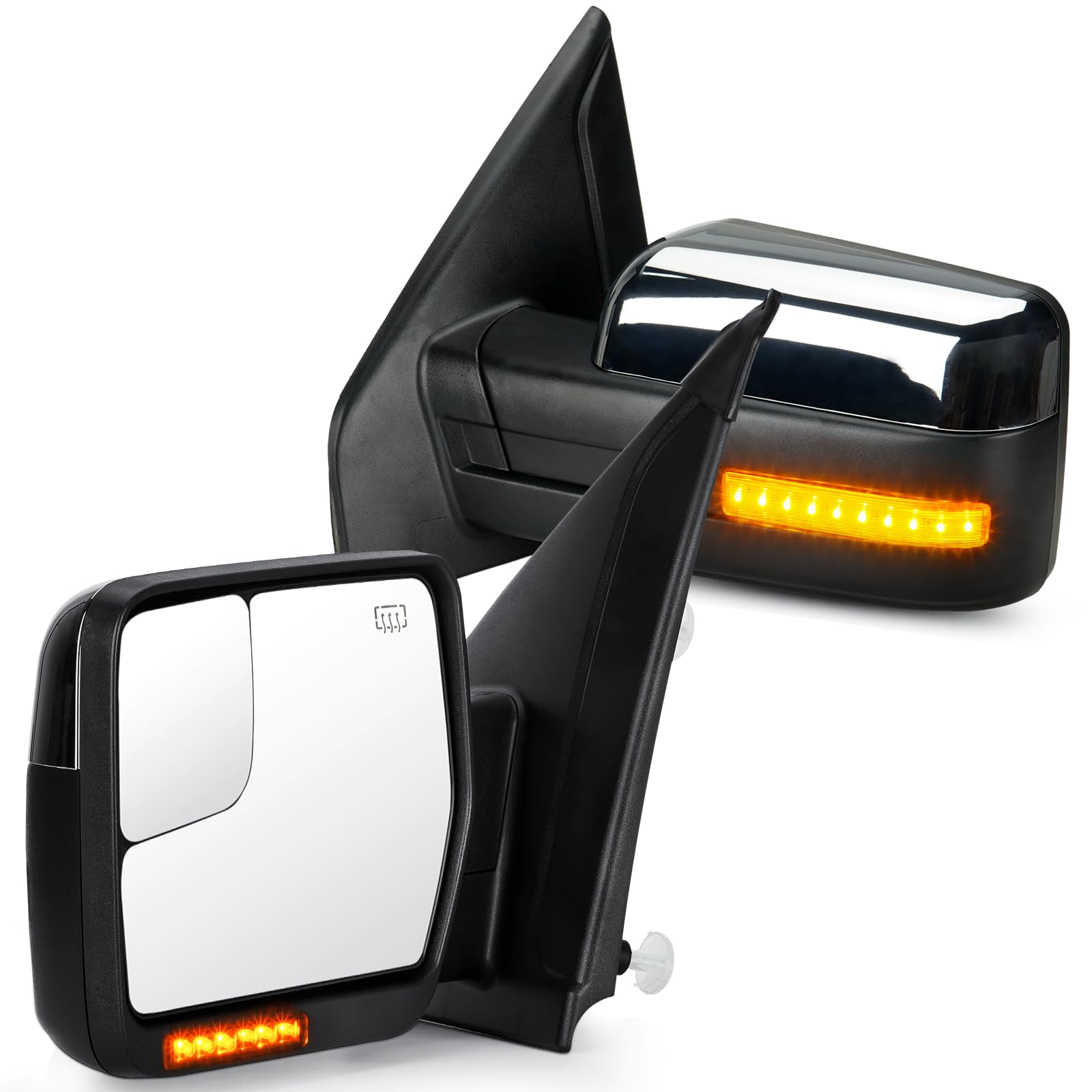 Pair Towing Mirrors Fit for 2004-2014 Ford F-150 F150 with Turn Signal Running Light Power Heated Folding Tow Side Mirror (Chrome)