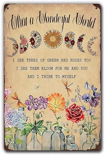 Dragonfly and Flowers Tin Signs-What A Wonderful World,Garden Signs Decorative Outdoor,Funny Metal Tin Sign for Home Office Gardern Wall Decor Gift 8x12 inch