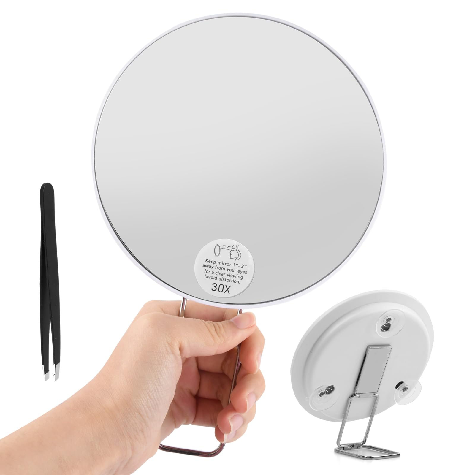 Wisebom Espejo de aumento de 30 x 6 pulgadas con aumento de 30 x, 3 ventosas y soporte ajustable de 360° para montaje en mano, mesa y pared, compacto espejo de viaje con pinzas, 301-27339