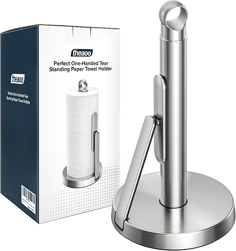 Miniatura 11 de theaoo Toallero de papel de acero inoxidable resistente con brazo de tensión, fácil de rasgar con una sola mano, moderno dispensador de encimera de