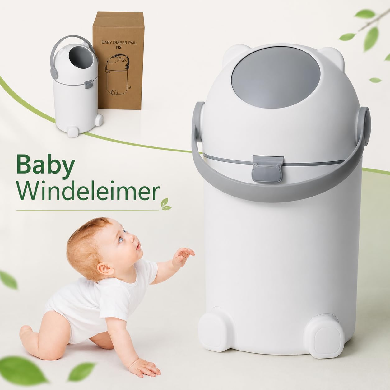 Windeleimer 12L mit Geruchsschutz, Windelmülleimer mit Einhand-Bedienung, ohne Nachfüllkassetten für normale Müllbeutel, Bären-Design in Weiß/Grau für Babyzimmer und Bad