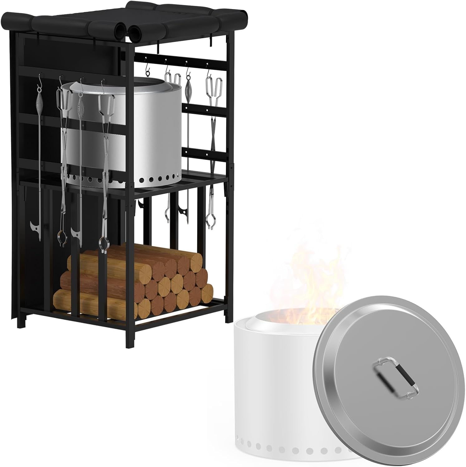 Fire Pit Lid for Solo Stove Yukon 27" Accessories and Firewood Storage Rack for Solo Stove Bonfire Ranger Yukon Fire Pit Accessories