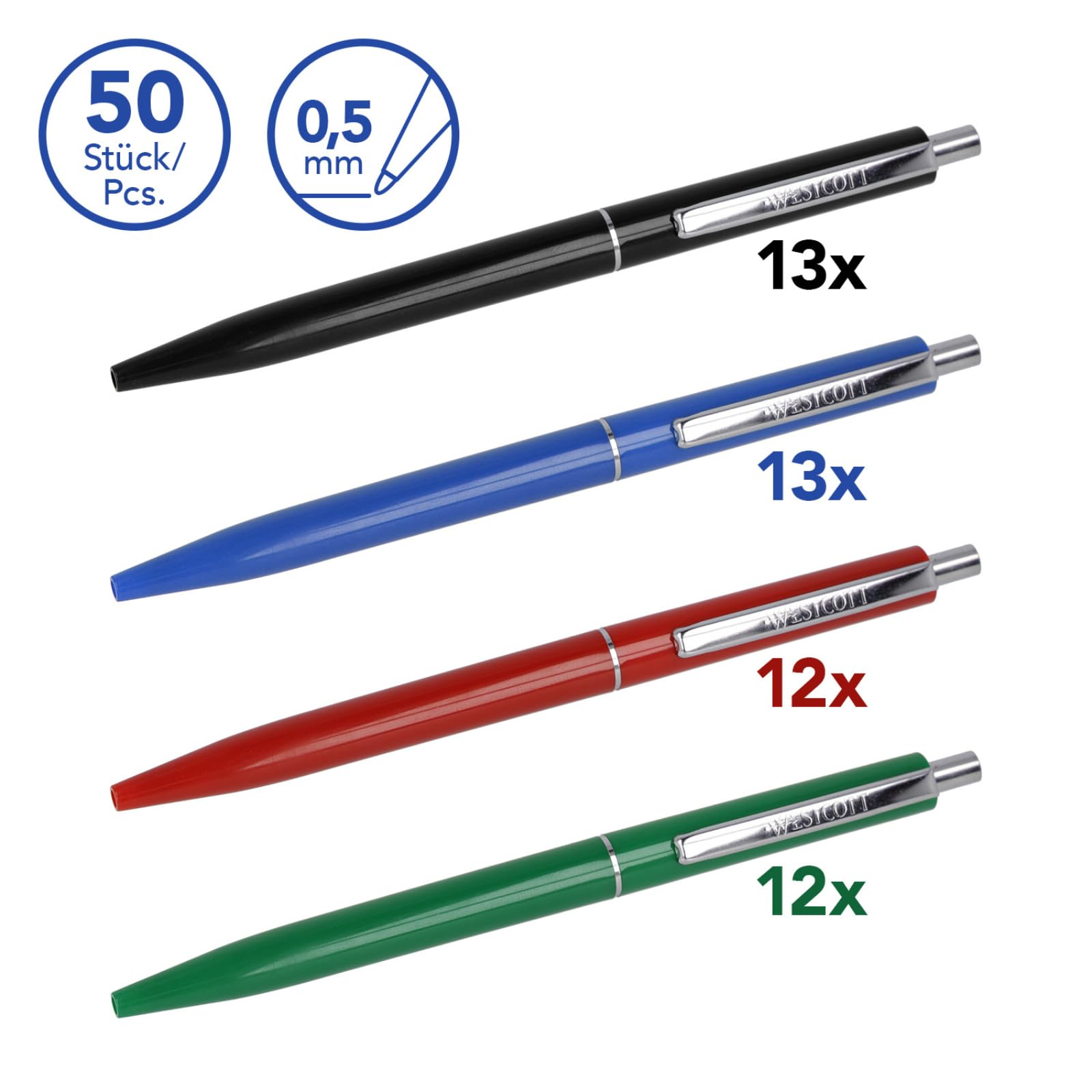 Westcott Kugelschreiber ALLTIME Mix 50 Stück (20er-Pack) | Großpackung Druckkugelschreiber mit blauer Tinte | Strichstärke M, X20 | Dokumentenecht ISO 12757-2 | Stabiler Metallclip | E-737487 00