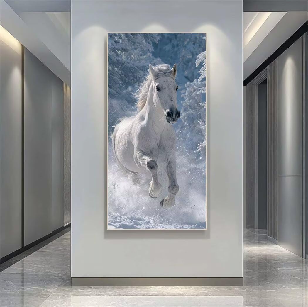 Diamond Painting Kit Completo Cavallo Bianco, 5D Diamond Painting Foresta Innevata 60x120cm, Pittura Diamante per Adulti Grandi Dimensioni, Quadri con Perline Decorazione per Casa e Pareti -LR1402