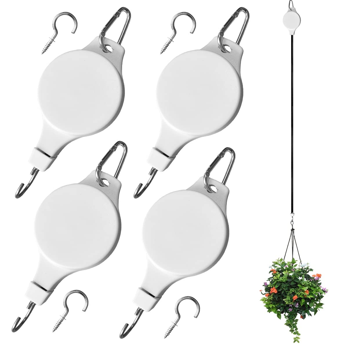 EAEDMY 4 Pack Retractable Plant Pulley Adjustable Hanging Flower Basket Hooks for Hanging Plants Heavy Duty, Indoor Outdoor Plant Hanger for Garden Baskets Pots & Birds Feeder - White(4, Hook Type)